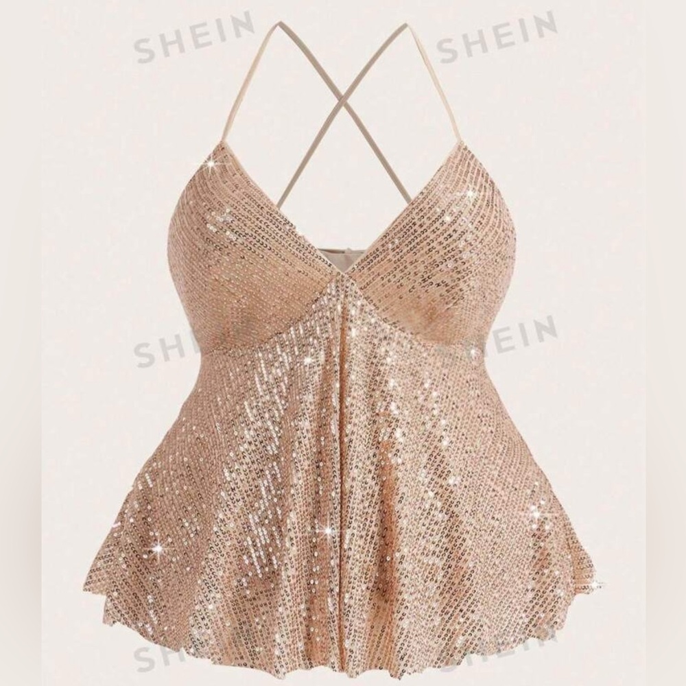 Gold Sequin Criss Cross Peplum Tank Top